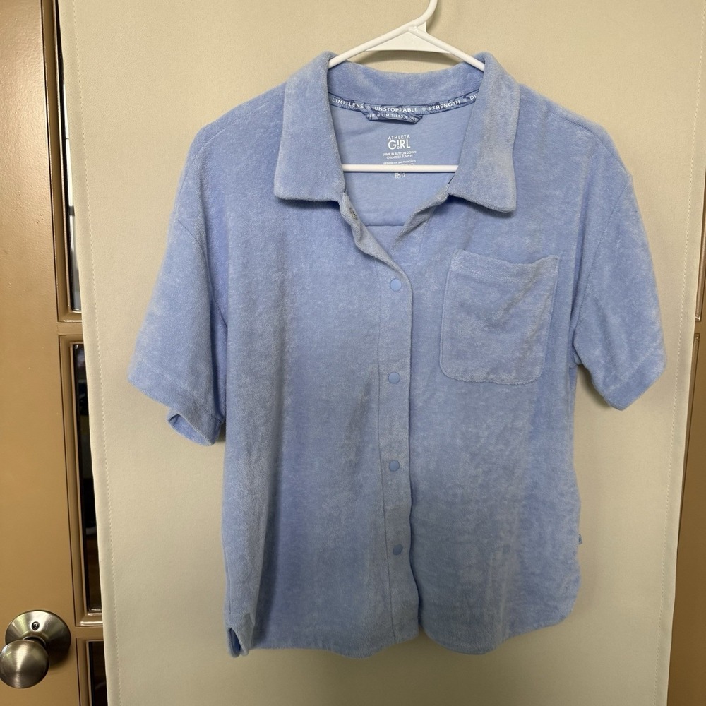 Athleta Girl XL Blue Terry Short Sleeve‎ Jump In Button Down Shirt Top